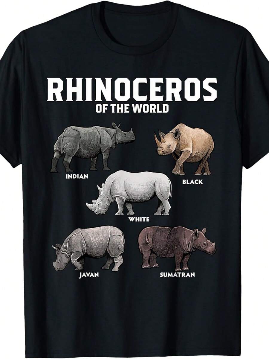 Camiseta con ilustración de especies de rinocerontes del mundo.jpg Unisex Verano 2025 Camiseta de manga corta estampada Algodón 220g - Negro - Ver 1