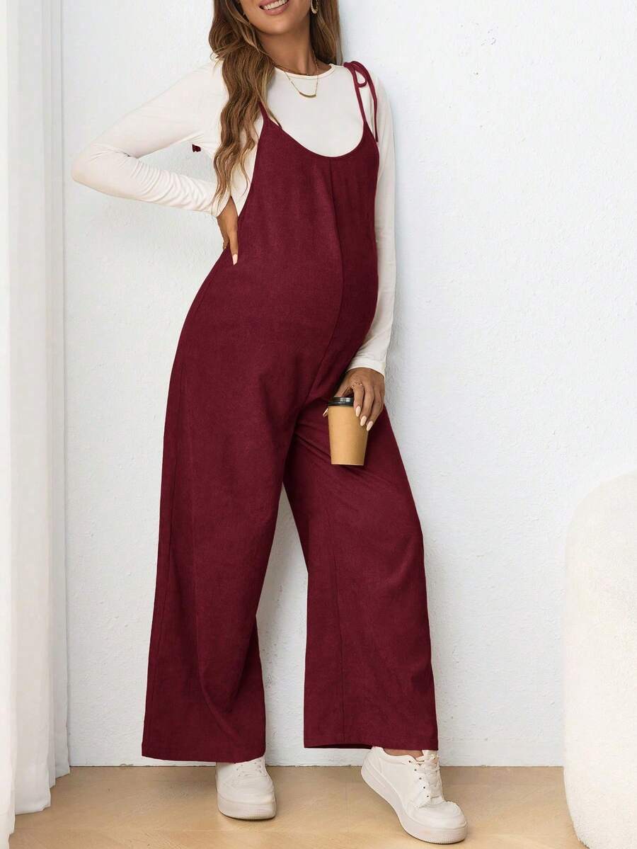 Mono largo ajustado con tirantes finos y lazo para mujeres embarazadas, de estilo casual - Burdeos - Ver 1