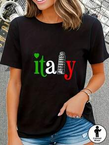 Italian Flag T-Shirt For Men And Women, 100% Cotton, Casual Shirt With Italian Design - Soft And Breathable, Round Neck, Short Sleeve, To Show Italian Pride, Cami - 黑 - 查看 1