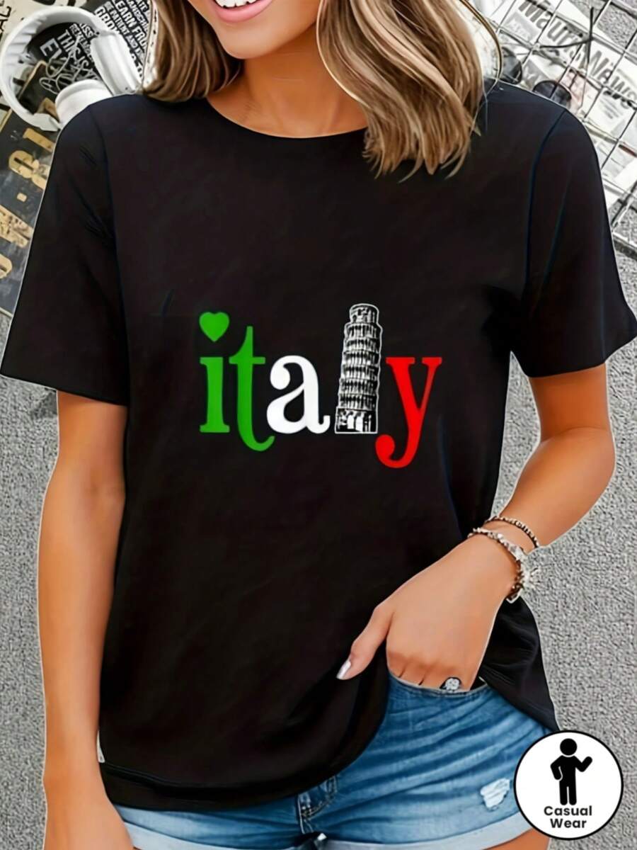 Italian Flag T-Shirt For Men And Women, 100% Cotton, Casual Shirt With Italian Design - Soft And Breathable, Round Neck, Short Sleeve, To Show Italian Pride, Cami - 黑 - 查看 1