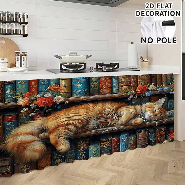1pc, Home Decor, Cat Pattern Printed Table Skirt, Kitchen Small Curtain, Kitchen Cabinet Cover, With Curtain Holes, Easy To Hang, Rectangular, Machine Woven, Machine Washable, Kitchen Decoration And Accessories, Perfect For Kitchen Cabinets And Home Decor - Multicolor - View 4