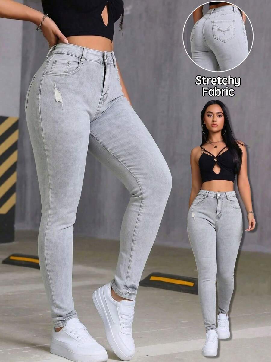 Jeans ajustados para mujer con roturas y diseño que realza la figura - Gris Claro - Ver 1