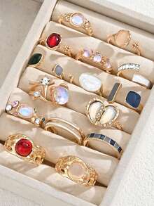 Juego de 15 anillos de mujer estilo vintage elegante Old Money de lujo en dorado, con gemas falsas de colores, efecto gota de aceite, ojo de gato y esmeralda, diseño asimétrico en espiral y corazón abierto, perfecto para uso diario, citas, fotografía, vacaciones y regalos - vistoso - Ver 5