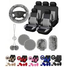 Full Set Women's Universal Car Front And Rear Seat Covers, Fluffy Steering Wheel Cover, Wool Handbrake And Gear Shift Cover, Hanging Accessory Bracket Ring Badge Sticker - Embossing - View 2
