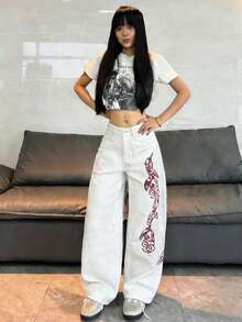 1件女款寬鬆刺繡寬腿牛仔褲，舒適休閒高街百搭丹寧長褲（不含腰帶/配件）白色 - 白色 - 查看 7