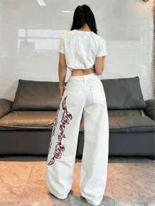 1件女款寬鬆刺繡寬腿牛仔褲，舒適休閒高街百搭丹寧長褲（不含腰帶/配件）白色 - 白色 - 查看 11