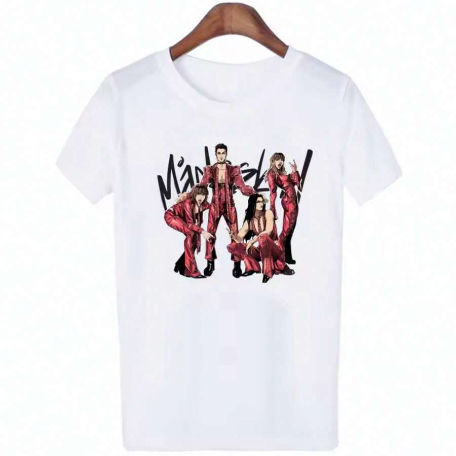Oversized Graphic Tee, Maneskin Women's Urban Fashion, Summer Aesthetic, Harajuku Streetwear, Casual Hip Hop Music Shirts - 白色 - 查看 1