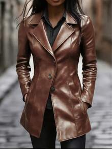 Fashionable PU Leather Jacket, Casual Versatile Retro - Dark Brown - View 2