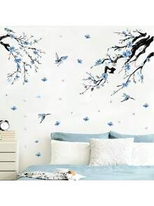 1 Pc Blue Plum Blossom And Bird Wall Decal, Watercolor Chinese Style Wall Sticker, Removable Self-Adhesive Vinyl Mural, Suitable For Living Room Bedroom Home Decor - Plum Blossoms and Birds - View 3