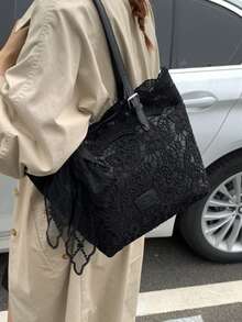 女款蕾絲托特包，新款休閒通勤大容量手提肩背包 - 黑色 - 查看 3