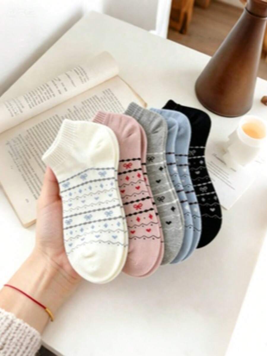 1/5雙女款復古蝴蝶結愛心短襪 - 時尚、甜美、簡約、舒適、休閒 - 適合日常出遊 - 彩色 - 查看 1