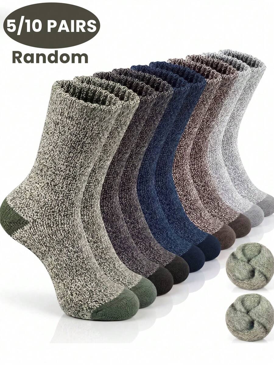 5/10 Pairs (Random Delivery) Unisex Autumn/Winter Thermal Lined Thermal Socks, Outdoor Hiking Colorblock Sports Socks - Multicolor - View 1
