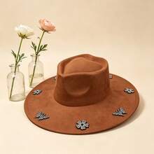 Elegant  Felt Hat With Sparkly Rhinestone Butterfly  Flower Details For Daily  Vacation Outfits - marrón rojizo - Ver 6