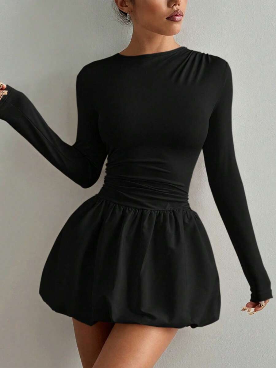Vestido Manga Larga Elástico Ajustado Volantes 2026 - Negro - Ver 1