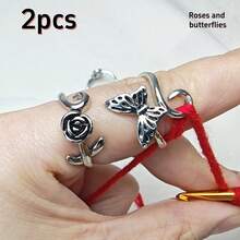 2pcs Adjustable Crochet Tension Ring Set, Vintage Pattern Zinc Alloy Knitting Tool Set, Multiple Floral Patterns Available, Suitable For Beginners And Professionals - 2 Packs - View 2