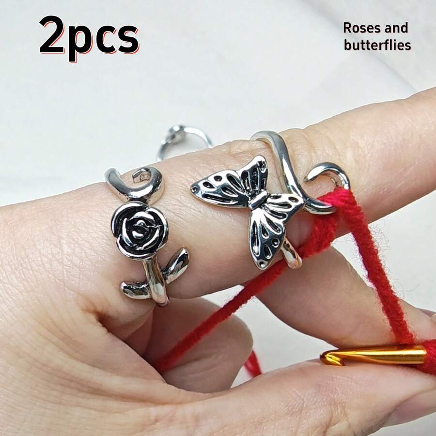 2pcs Adjustable Crochet Tension Ring Set, Vintage Pattern Zinc Alloy Knitting Tool Set, Multiple Floral Patterns Available, Suitable For Beginners And Professionals