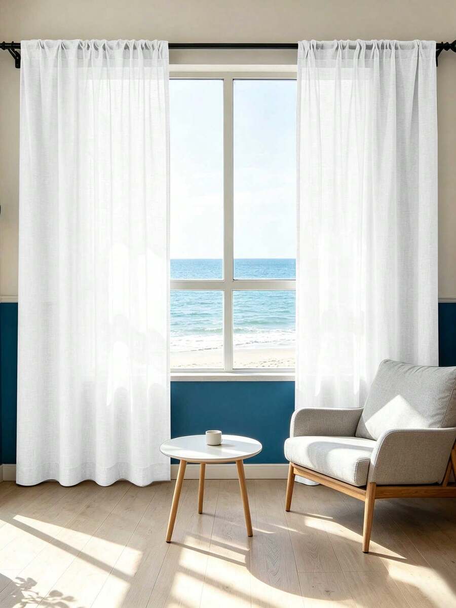 1pc/2pcs Transparent Solid Color Chiffon Curtains, Can Be Hung On Rod, Lightweight And Breathable, Fashionable Bedroom Decor, Suitable For Bedroom, Living Room, Balcony, Glass Door - White - View 1