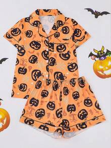 Bộ đồ ngủ 2 món in hình đầu lâu Halloween / Ngày của người chết cỡ lớn dành cho nữ, áo sơ mi cài nút cổ tay ngắn và quần short cạp chun, trang phục hàng ngày đẹp và thời trang, trang phục dự tiệc ngủ ngày lễ, đồ mặc ở nhà và ngoài trời thường ngày - trái cam - Xem 1