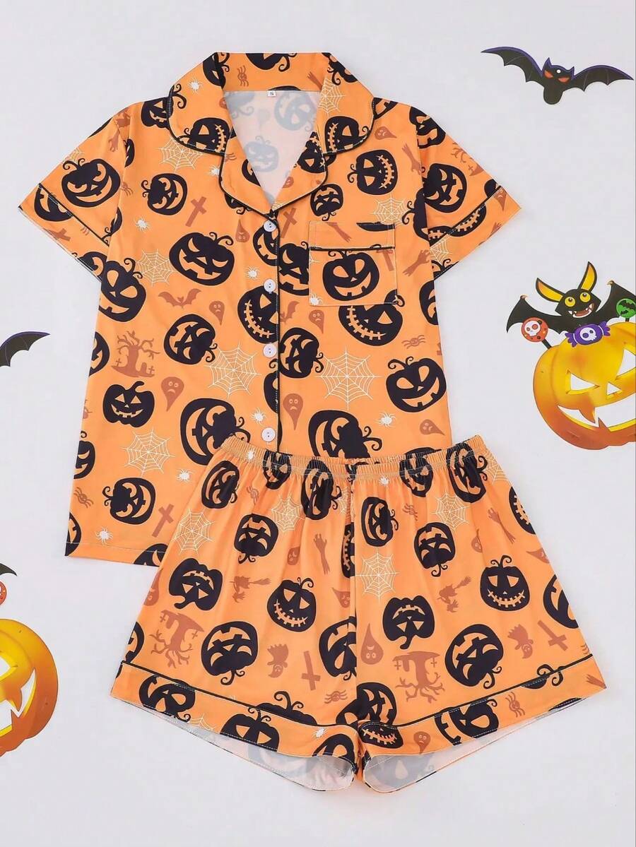 Bộ đồ ngủ 2 món in hình đầu lâu Halloween / Ngày của người chết cỡ lớn dành cho nữ, áo sơ mi cài nút cổ tay ngắn và quần short cạp chun, trang phục hàng ngày đẹp và thời trang, trang phục dự tiệc ngủ ngày lễ, đồ mặc ở nhà và ngoài trời thường ngày - trái cam - Xem 1