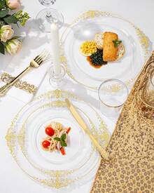 175pcs Elegant Clear And Disposable Dinnerware Set For 25 Guests Includes Plates Cutlery Cups And Napkins For Weddings And Parties - Clear - View 2
