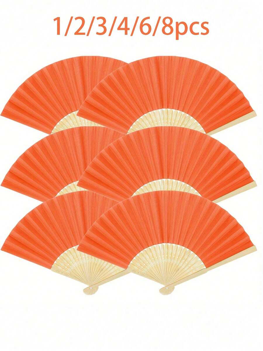 1/2/3/4/6/8pcs Folding Fans Made Of Bamboo, Perfect For Hand-Held Use. These Crafted Fans, Inspired By Japanese And Chinese Designs, Are Ideal For Weddings, Bridal Events, Church Gatherings, Decorations, And As Gifts Or Party Favors In Orange
