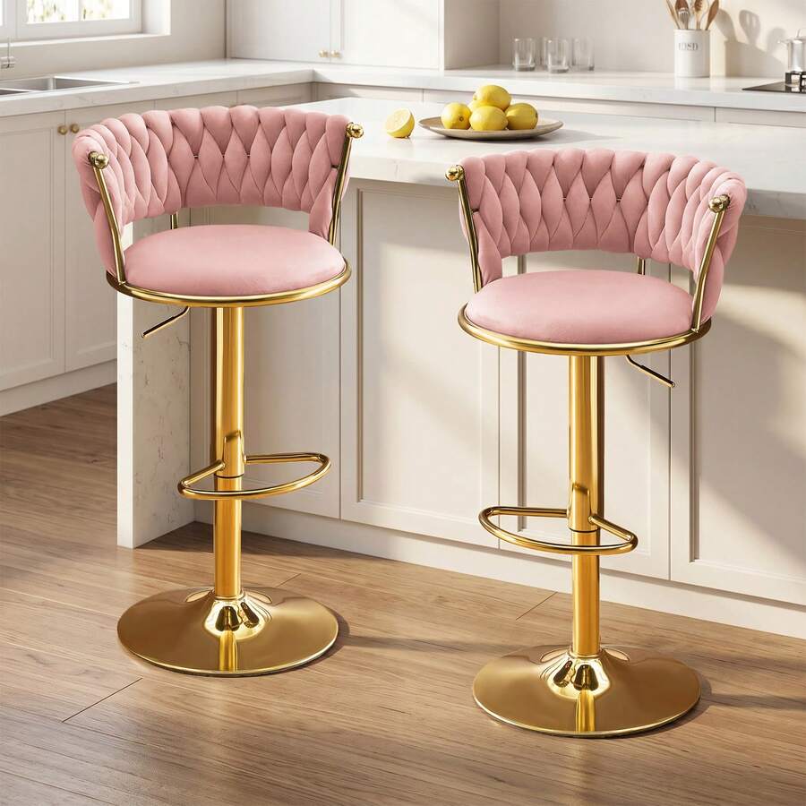 Velvet Bar Stools Set Of 2, 360° Swivel Barstools Height Adjustable Counter Height Bar Chairs, Woven Back Upholstered Accent Chairs With Gold Footrest, Modern Dining Chairs For Kitchen Island Home Bar Dining Room, Pink - Pink - View 1