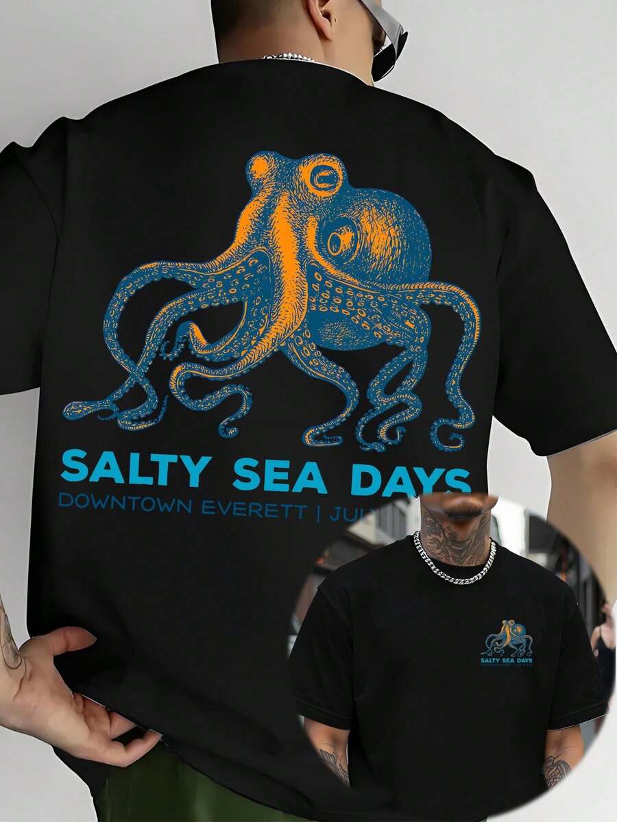Camiseta de manga corta para hombre, estilo veraniego, con estampado Salty Sea Breeze Day, diseño casual, relajado y divertido de cultura marina. - Negro - Ver 1