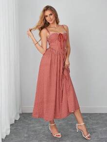 PARTHEA Casual Red Gingham Midi Dress With Pockets For Women, Lace Trim V Neck Front Tie Adjustable Strap Smocked Back Flowy A Line Sundress - Red - View 5