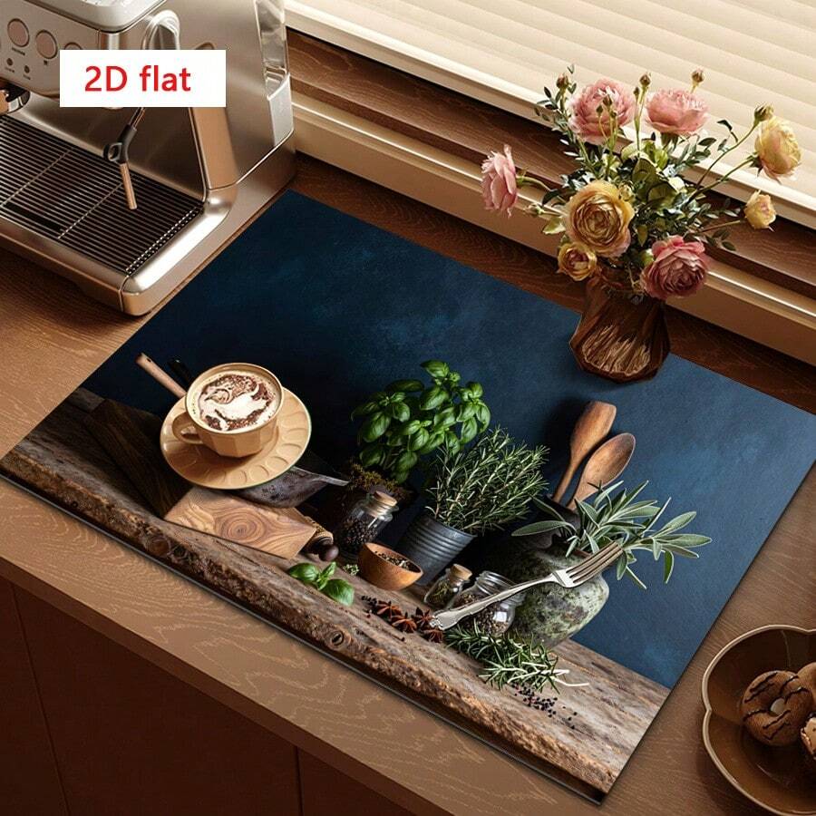 1pc Dish Drying Mat, Coffee Machine Mat, Vintage Kitchen Herb Print Drain Mat, Polyester Material, Durable And Highly Absorbent, Suitable For Dining Table, Cafe And Other Scenes, Creating A Natural Vintage Style For Kitchen Space, Multi-Purpose Drainage Mat, Home Gift, Tabletop Decoration