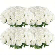 50/25/5pcs White Artificial Rose Flowers With Stems And 6 Leaves, Realistic Fake Roses, DIY Wedding Bouquet, Bridal Gift, Tabletop And Home Decor, Elegant Floral Arrangement, No Vase Needed - White - View 2