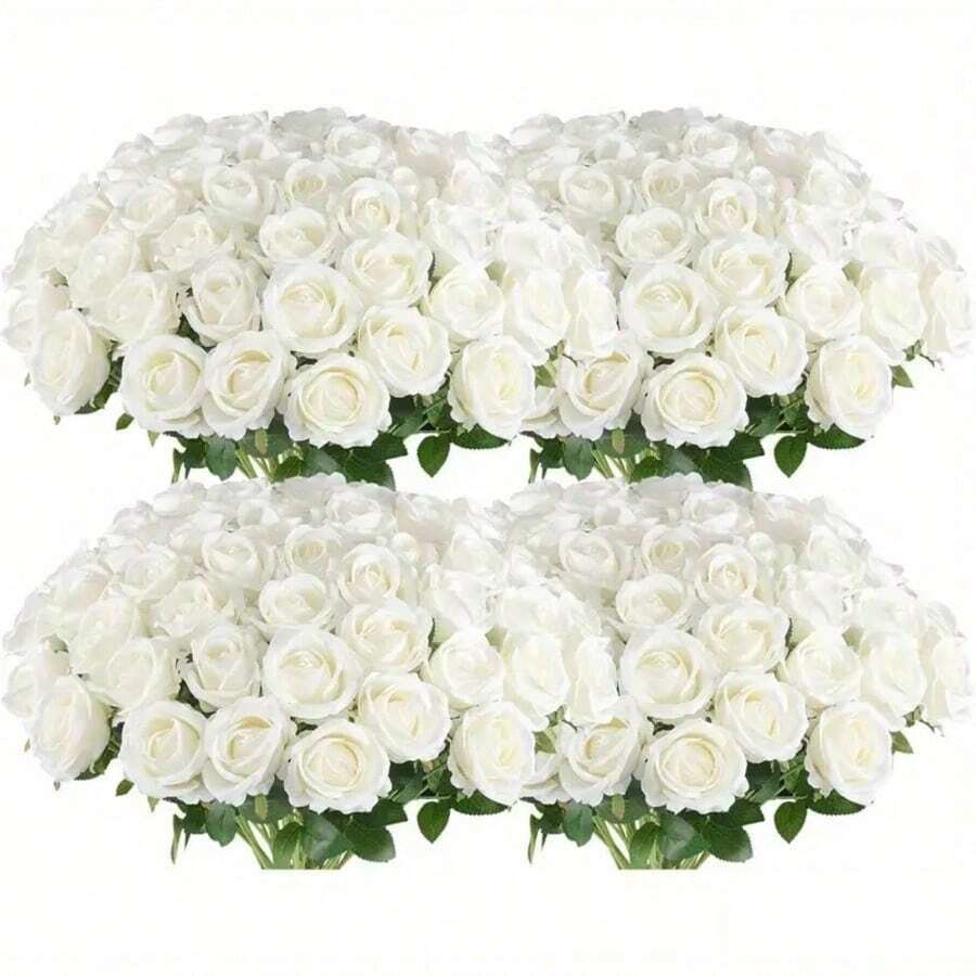 50/25/5pcs White Artificial Rose Flowers With Stems And 6 Leaves, Realistic Fake Roses, DIY Wedding Bouquet, Bridal Gift, Tabletop And Home Decor, Elegant Floral Arrangement, No Vase Needed