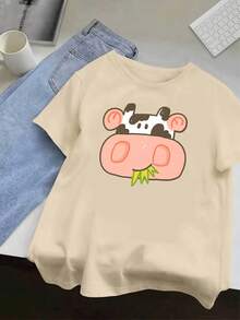 See, Cartoon Cow Face Design And Black Spots, Breathable For Everyday Wear In Spring And Summer, Available In Various Colors (Light Beige Shown) Women's Blouses - Black - View 7