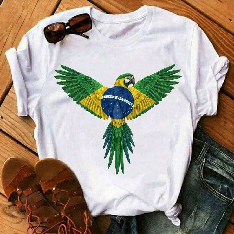 Women's Printed T-Shirt Brazil Macaw World Cup 2026 Shirt 100% Cotton New Release - 白色 - 查看 1
