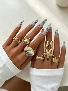 7PCS Summer Vacation Vibe Ring Set, Starfish Shell Turtle Multi- Metal Stackable Rings For Women - Gold - View 2