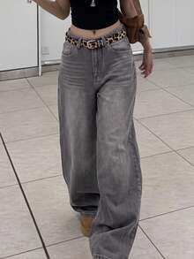 Retro High Street Washed Gray Denim Jeans, Women's Fashion Design Straight Loose Casual Wide Leg Pants, New Autumn Collection - Grey - View 10