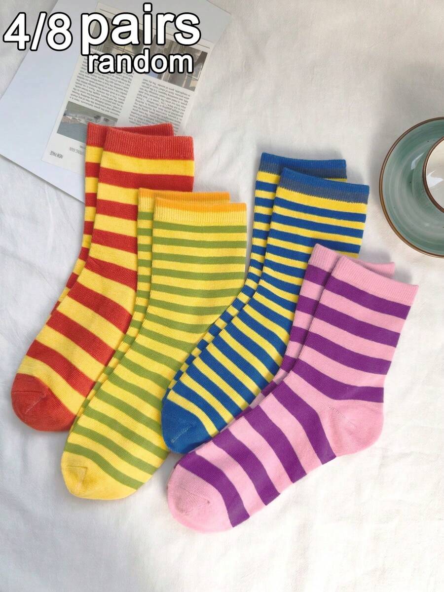 4/8雙 (隨機出貨) 女款條紋復古多巴胺色個性化時尚極簡優雅百搭舒適柔軟中筒襪，適合日常穿著