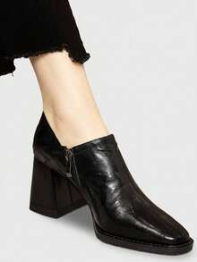 7cm Side Zipper Square Toe Chunky Heel Pumps, Black, Comfortable High Heels, Versatile For Spring & Autumn - Black - View 7