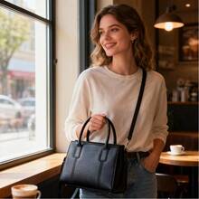 Black Litchi-Grain Tote Bag With Top Handle & Detachable Strap - Black - View 3