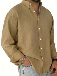 Men's Solid Blue Long Sleeve Casual Shirt, Minimalist Fashion Outdoor Leisure Shirt, Casual Top - 黃色 - 查看 1