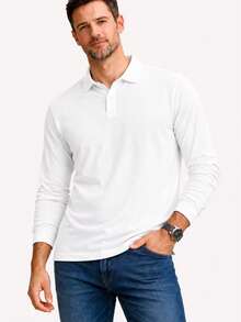 Men's Basic Plain Long-Sleeve Polo Shirt - White - View 2