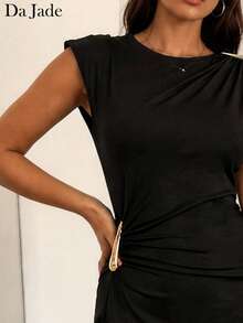 Da Jade Vestido negro sin mangas con fruncido y detalles metálicos, vestido mini ajustado de línea A para trabajo & citas. - Negro - Ver 5