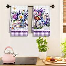 2 Packs Floral Kitchen Towels: Lavender & Butterfly Designs. Absorbent, Quick-Dry, Lint-Free Polyester Microfiber, Machine Washable. Perfect For Cleaning, Drying Dishes & Vintage Garden Decor. - Multicolor - View 8