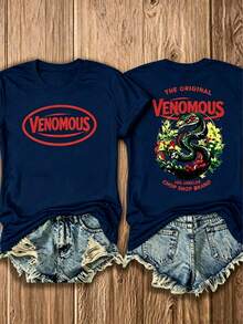 Double Sided Graphic Women's T-Shirt, Red Venomous Snake Floral Print, Classic Americana 100% Cotton Unisex Tee, Casual Everyday Summer Top - 藏青色 - 查看 1