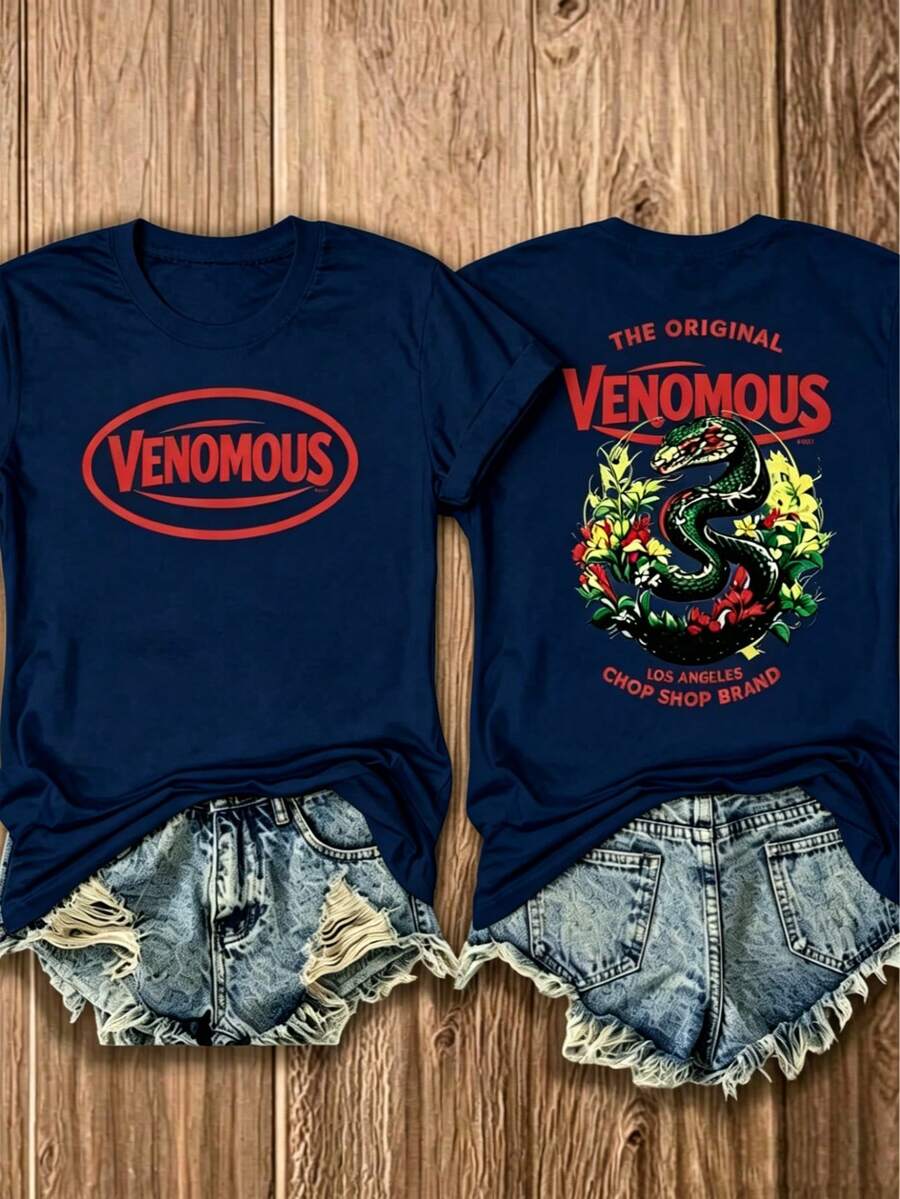 Double Sided Graphic Women's T-Shirt, Red Venomous Snake Floral Print, Classic Americana 100% Cotton Unisex Tee, Casual Everyday Summer Top - 藏青色 - 查看 1