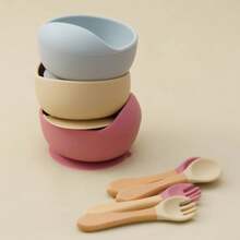 Silicone Baby Tableware Set, Training Spoon And Fork For Learning To Eat With Wooden,  Complementary Foods. - A10 - View 2