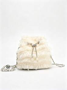 Cream Tulle Ruffle Bucket Bag, Faux Pearl Drawstring Chain Crossbody Bag, 2025 Ballet Fairy Style Women's Teen Handbag, Suitable For Bride/Date/S - Apricot - View 10