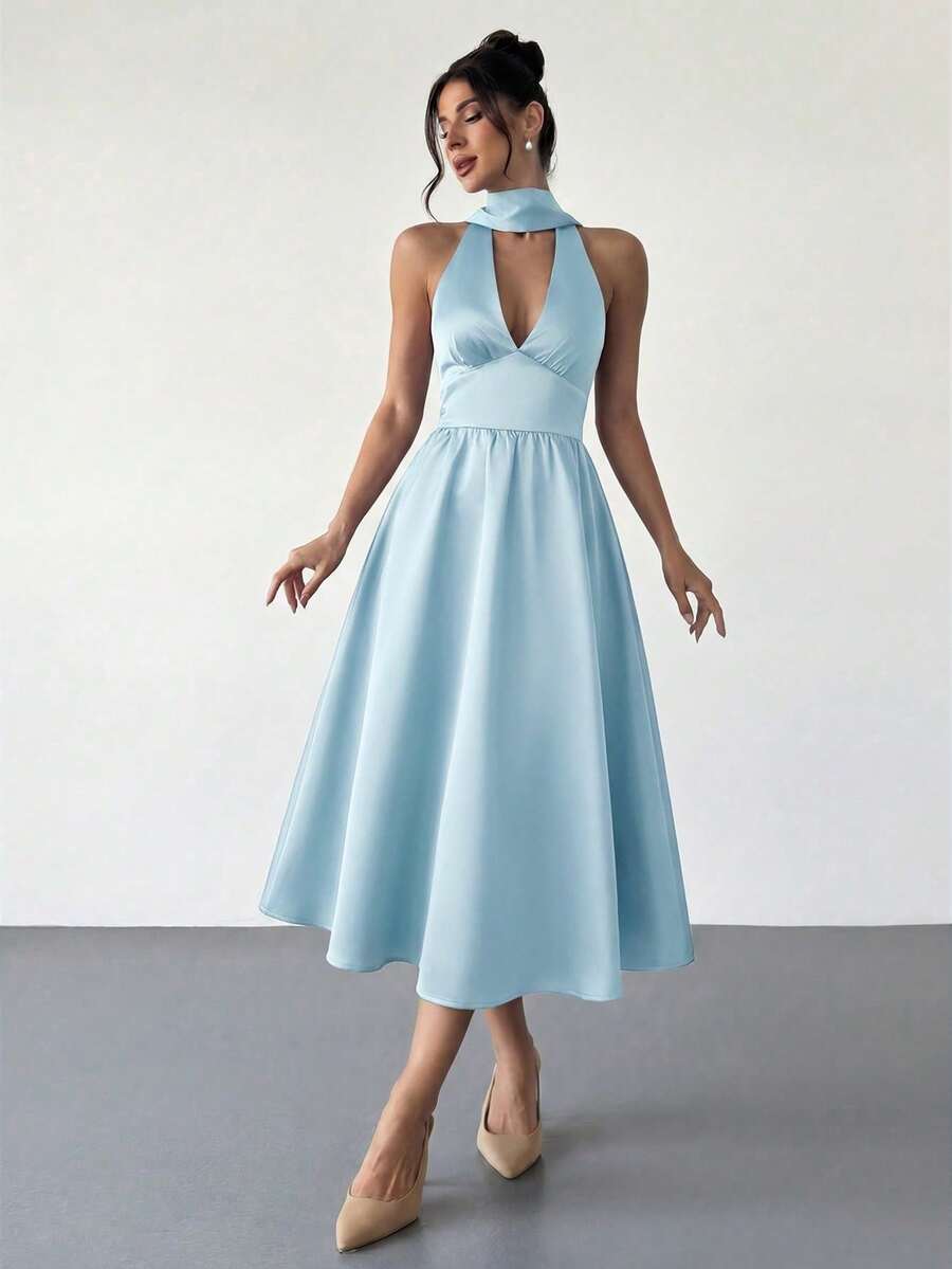 Vestido midi para mujer, cuello en V, espalda descubierta, cintura acampanada, lunares retro, para el Día de San Valentín - Celeste - Ver 1