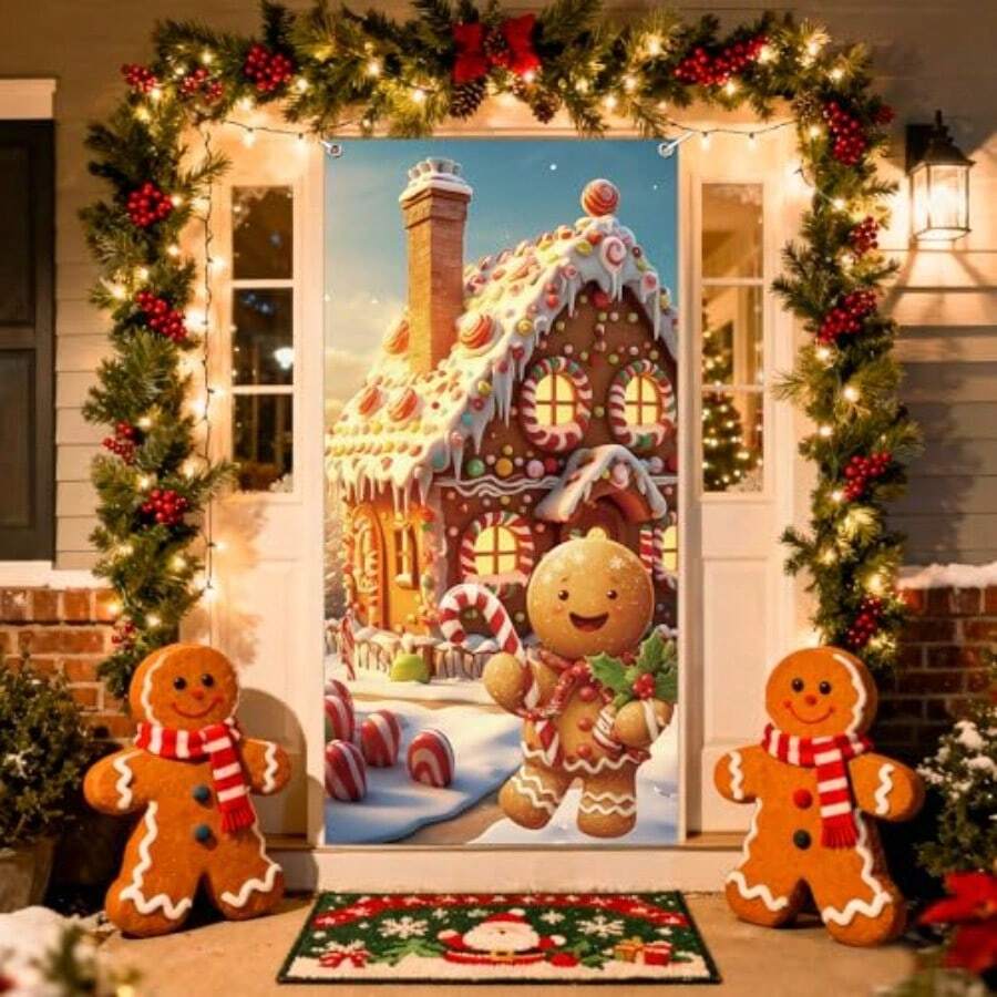 Gingerbread Christmas Door Cover, 35 X 71 Inch Happy Xmas Cute Gingerbread House Front Door Backdrop Banner Decoration, Candyland Porch Banner For Winter Holiday Party Supplies - Brown - View 1