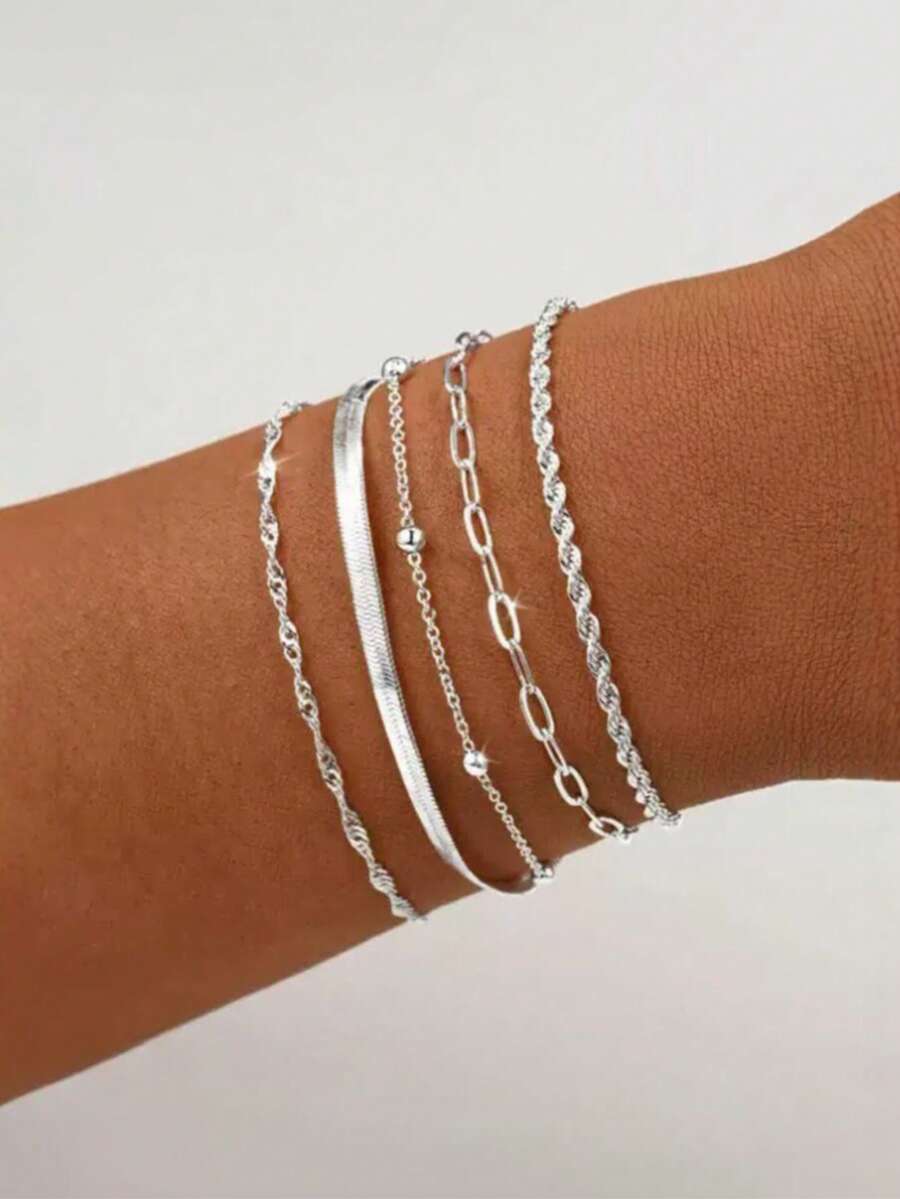 5pcs Vintage Punk Bracelet Set, Metal Chain Link Combination, Rope, Snake And Twisted Design Combination, Multi-Layer Bracelet, Daily Wear - Silver - View 1
