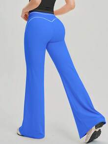 NcmRyu Women's 1pc Contrast White Line Hip-Lifting Slim Fit Flare Long Pants - Blue - View 3